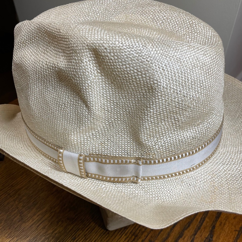 Stetson Straw Fedora Hat Cream Off White Woven Panama Style Size 7 5/8 61cm Luxe - Picture 2 of 15